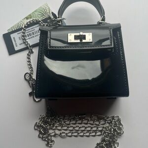 Kendall & Kylie Black Patent Mini Bag with Silver Chain